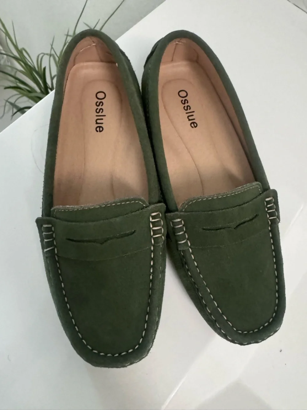 Womens Olive Suede Penny Loafers - Slip-On Comfort